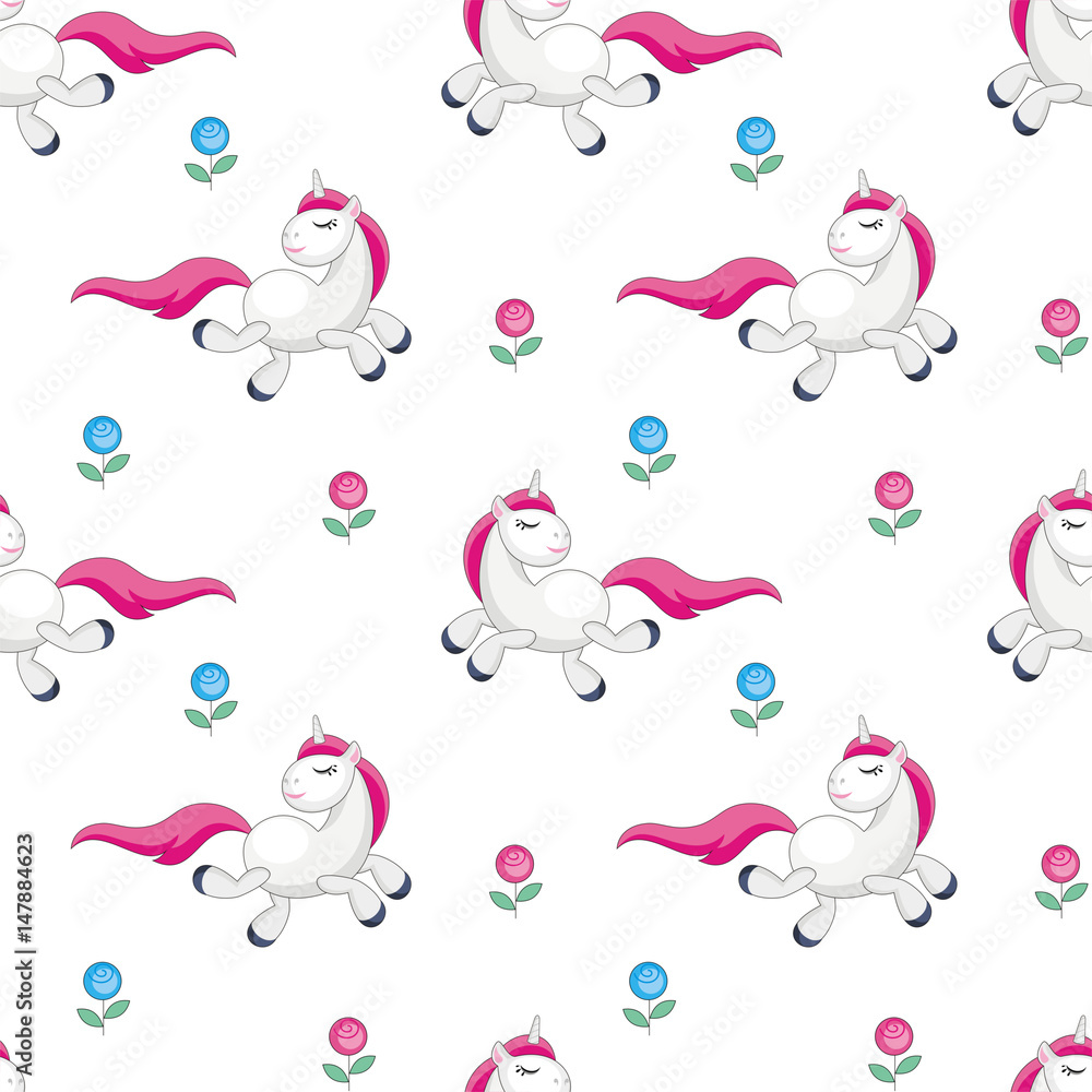 Fairy children seamless pattern with the image of cute unicorns. Colorful vector background Fairy children seamless pattern with the image of cute unicorns. Colorful vector background