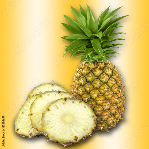 Fresh juicy whole Pineapple and cut into slices, isolated against a bright fancy golden background.