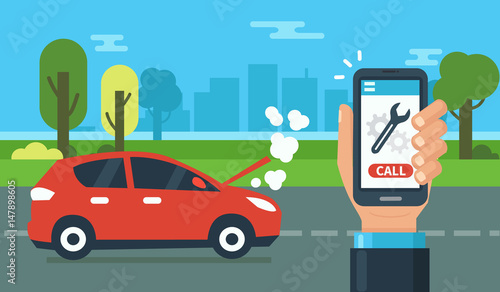 Evacuation service concept design for web banners, infographics. Car assistance at road. Flat style vector illustration.