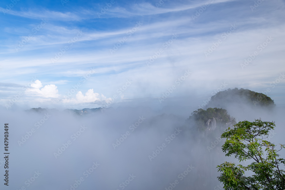 beautiful view point at Golden Buddha meditating - the Tiger Temple in Krabi Thailand

