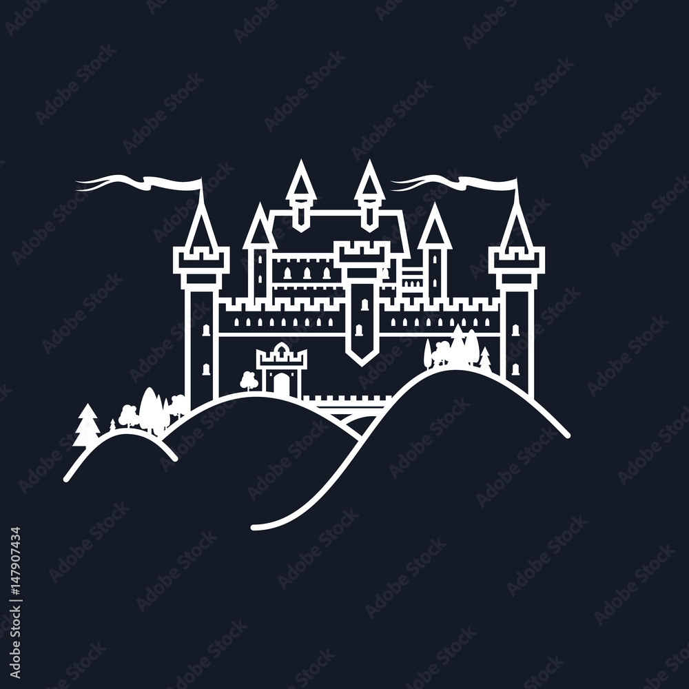 White Castle Hill on Black Background, Emblem for Real Estate, Construction or Hotel, Line Style, Vector Illustration