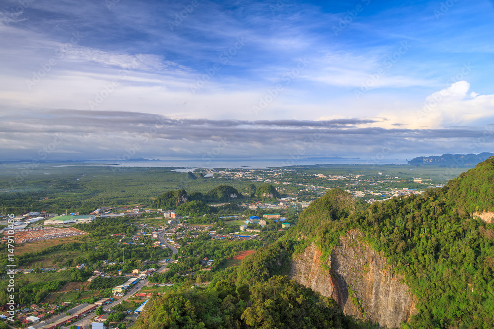 beautiful view point at Golden Buddha meditating - the Tiger Temple in Krabi Thailand


