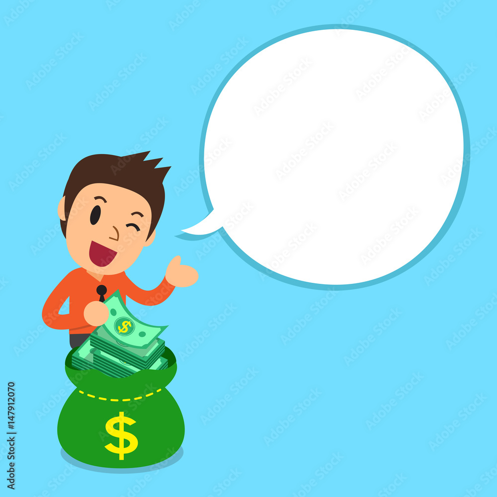 Cartoon businessman and money bag with white speech bubble Cartoon businessman and money bag with white speech bubble
