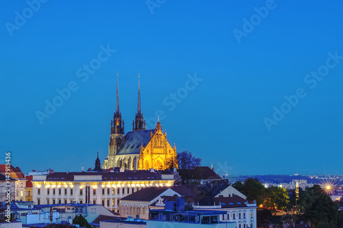 The cathedral of st. Peter and Paul in Brno. / The cathedral of st. Peter and Paul in Brno in the evening illuminated.