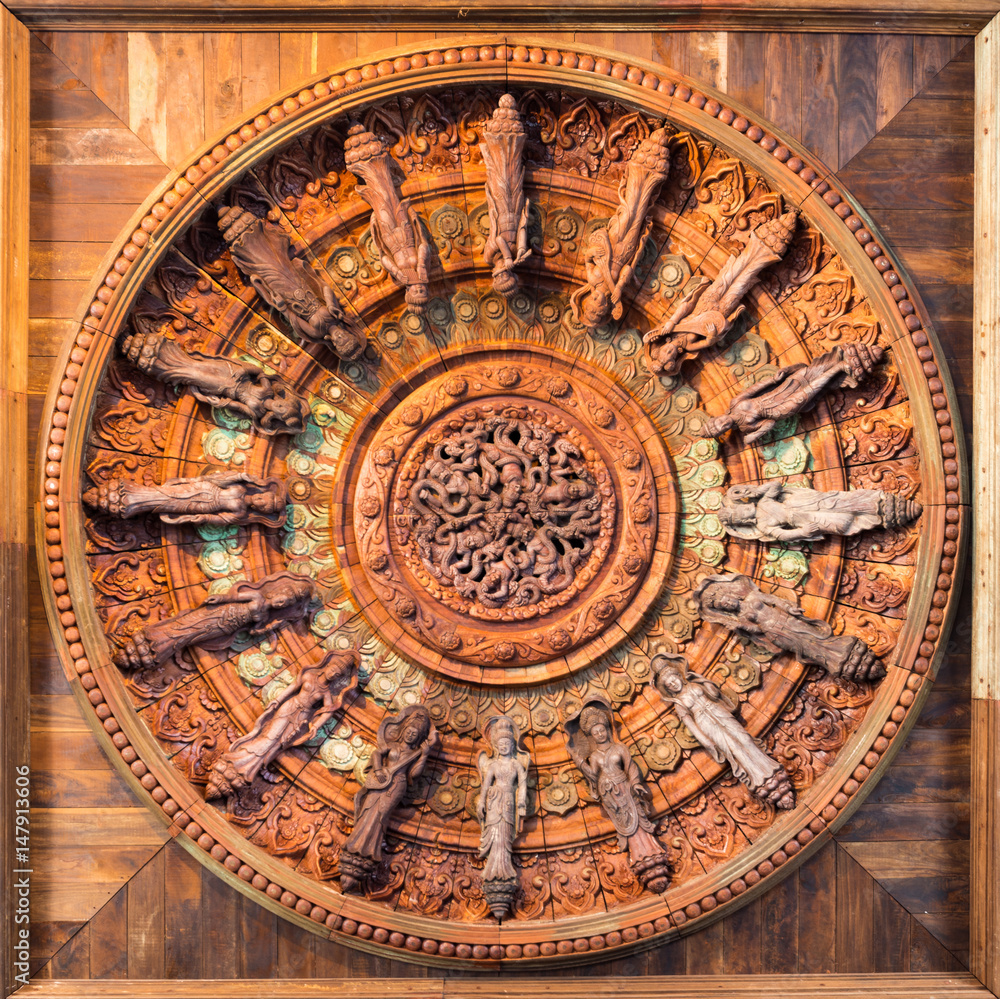 Wooden symbol circle of religion and art. Pattaya .Thailand