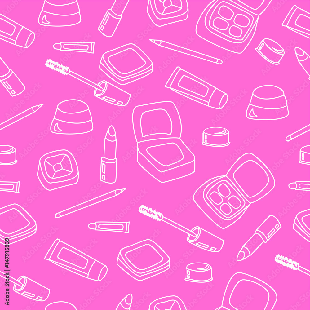 Pattern of women's cosmetics on a pink background Pattern of women's cosmetics on a pink background