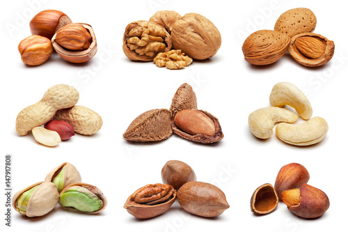 Collection of various nuts on white.