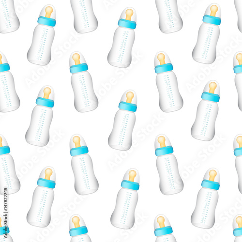 Seamless pattern from realistic blue baby bottles.