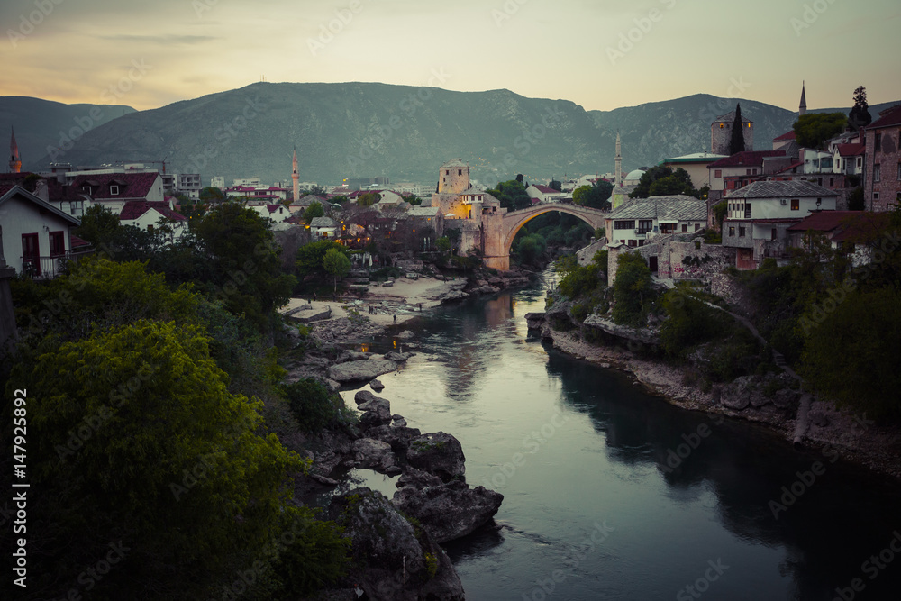 Old bridge in Mostar at night . Bosnia and Herzegovina