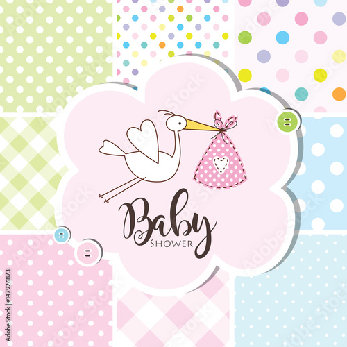 Baby shower invitation card, baby arrival card. Seamless patterns at the background. 