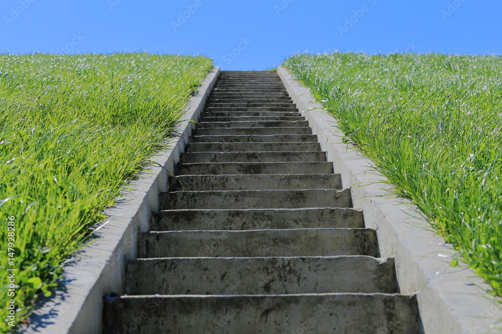 Stairs in grass, sky, isolated