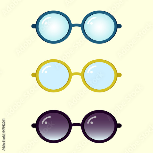 Colorful flat vector glasses set, nice rounded glasses and sunglasses