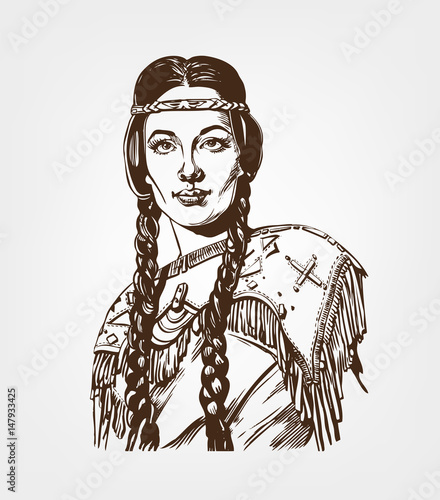 Obraz na plátně American Native Woman Squaw. Drawing Indian Girl. Vector