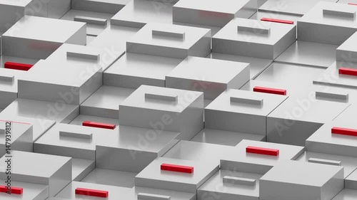 Abstract 3d render of box in perespective. Minus sign on the top of square primitives. Cubes with random height forms a geometric backround in dimetric perespective.
 photo