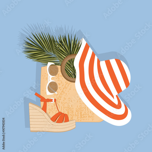 A collection of women's accessories: a hat, a straw bag, sandals, sunglasses. Beach set with palm leaf