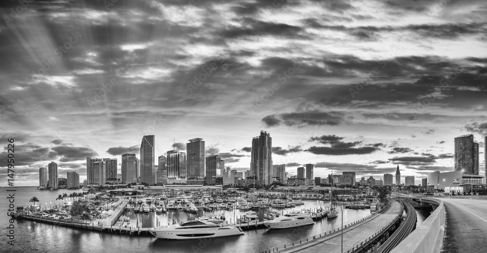 Black and white view of Downtown Miami. Panoramic shot from Port Boulevard Black and white view of Downtown Miami. Panoramic shot from Port Boulevard