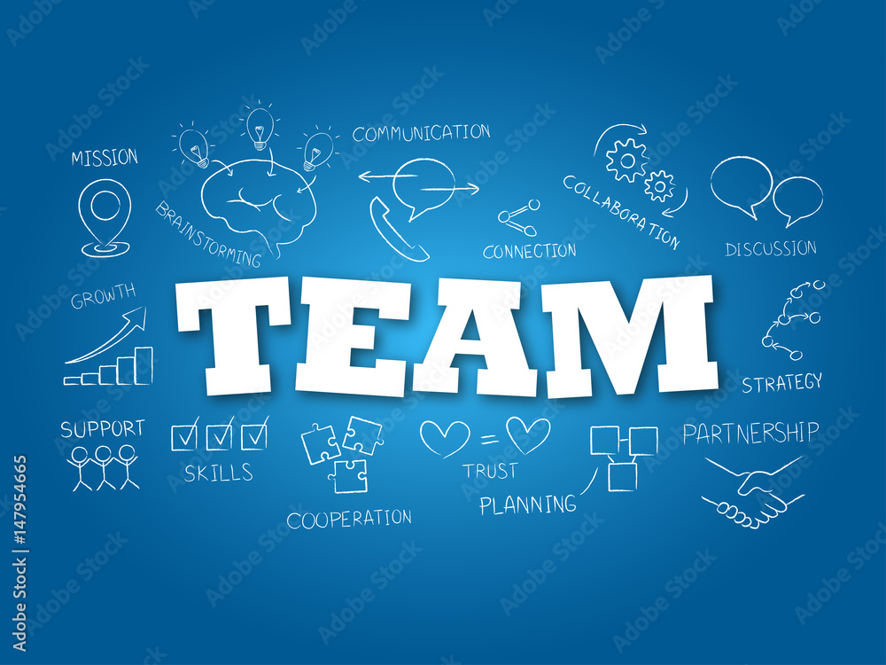 Team word on light blue background. Vector illustration.