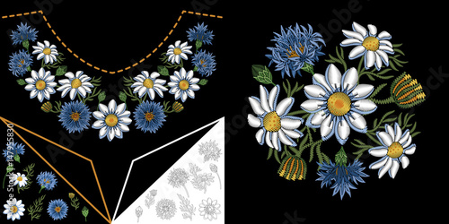 Embroidery neckline design. Collection of floral elements for dresses, shirts and blouses. Coloring outline drawing of daisy (chamomile) flowers and cornflowers.