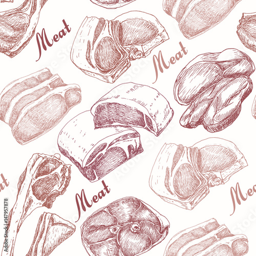 Cuadro en lienzo Seamless pattern with different meat products