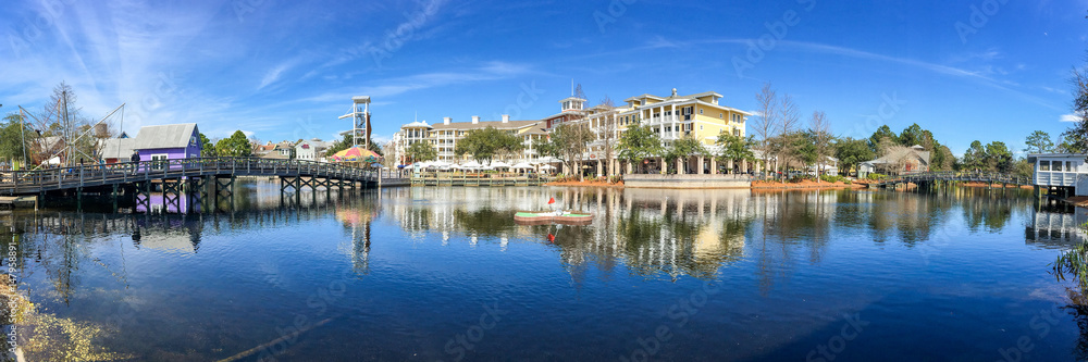 DESTIN, FL - FEBRUARY 2016: Panoramic view of Harbourwalk Village with tourists, Florida