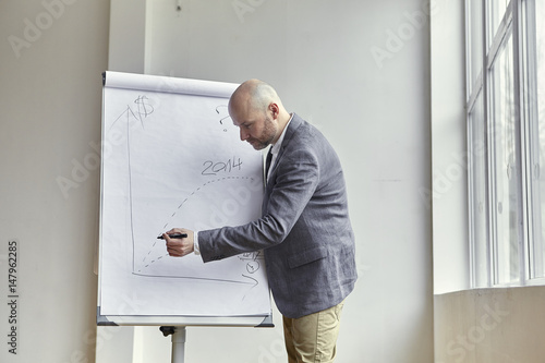 Businessman Drawing Long, Punctuated Line on a Board