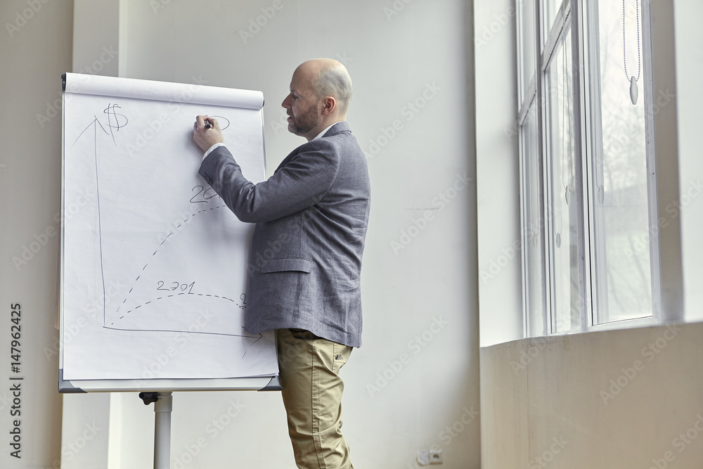 Bald Businessman Drawing a Question Mark on a Board