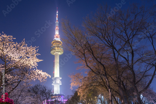 Photography seoul tower in seoul city at night view in spring with cherry blossom tree, south korea