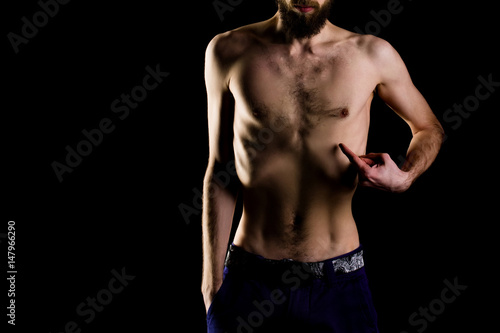 man or bearded hipster with slim body, with anorexia