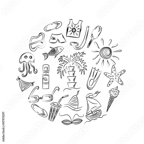 Hand Drawings of Summer Vacancies Symbols. Doodle Boats, Ice cream, Palms, Hat, Umbrella, Jellyfish, Cocktail, Sun Arranged in a Circle. Vector Illustration.
