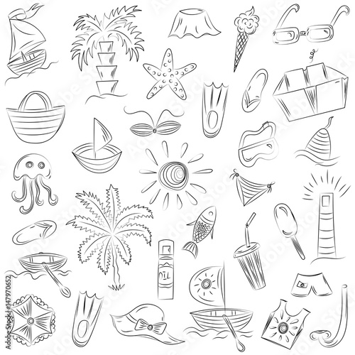 Hand Drawings of Summer Vacancies Symbols. Doodle Boats, Ice cream, Palms, Hat, Umbrella, Jellyfish, Cocktail, Sun. Vector Illustration.