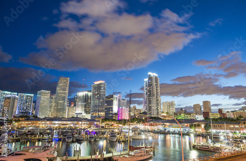 MIAMI  FL - JANUARY 2016  Downtown skyline at sunset. Miami is a major destination in Florida