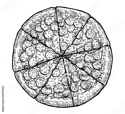 Pizza illustration, drawing, engraving, ink, line art, vector
