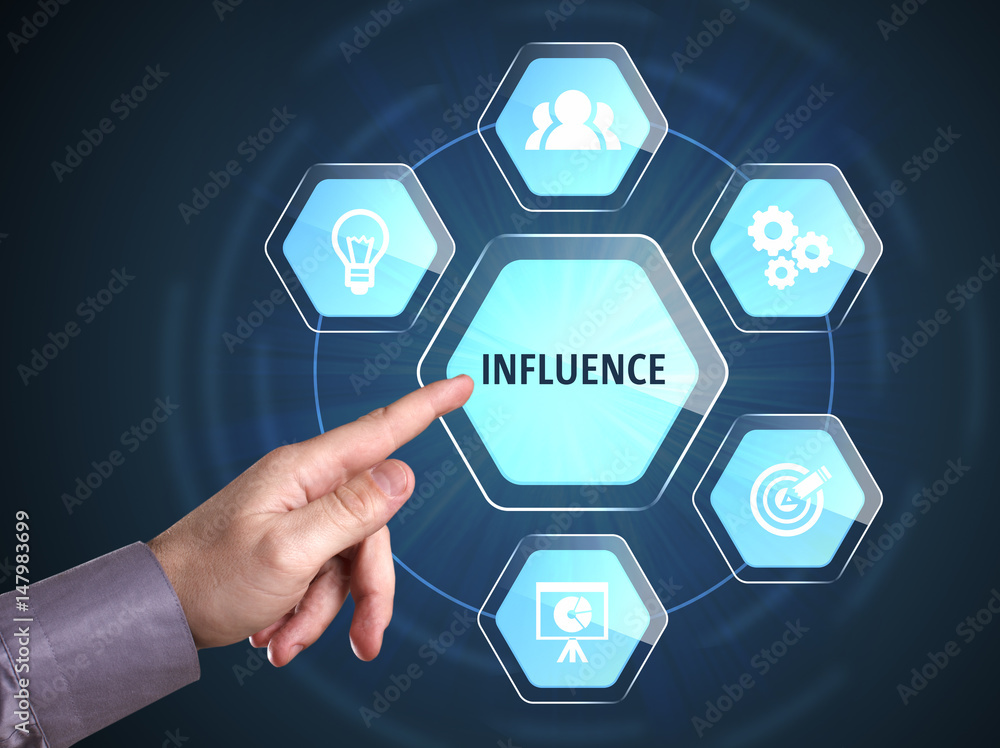 Business, Technology, Internet and network concept. Young businessman shows the word: Influence Business, Technology, Internet and network concept. Young businessman shows the word: Influence