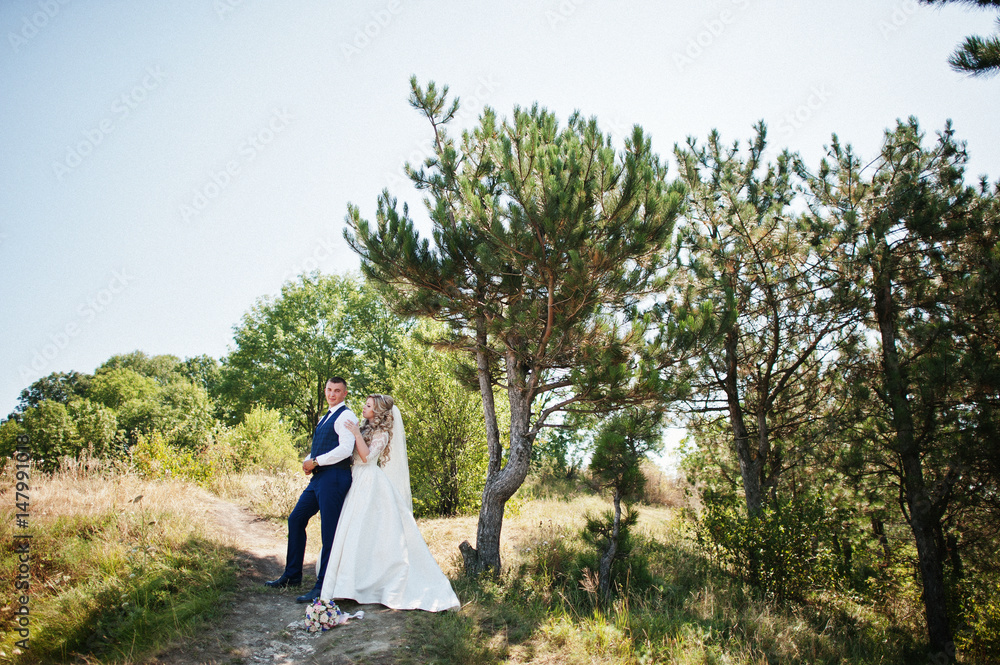 Happy wedding couple in love on sunny day stay near trees. Happy wedding couple in love on sunny day stay near trees.