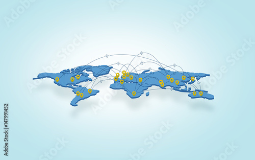 3d illustration of a soil slice, blue world map with plane route and city pins on light background