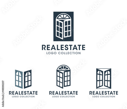 Real Estate Logo set. Silhouette vector windows and doors. Text placeholder for personal business branding.