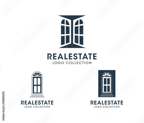 Real Estate Logo set. Silhouette vector windows and doors. Text placeholder for personal business branding.