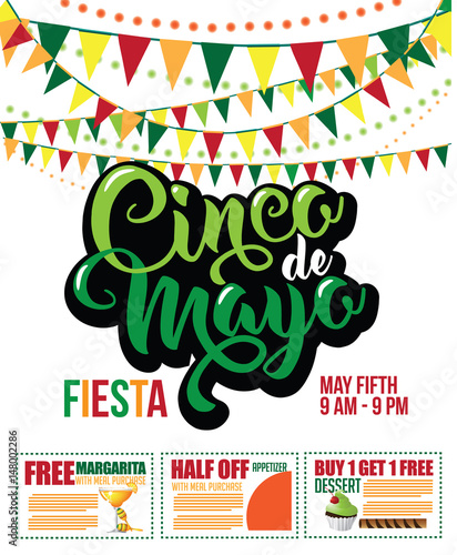 Cinco de Mayo coupon advertising design with hand lettering - symbols of Mexican holiday celebrated on the fifth (cinco) of May (Mayo).  AI 10 vector,