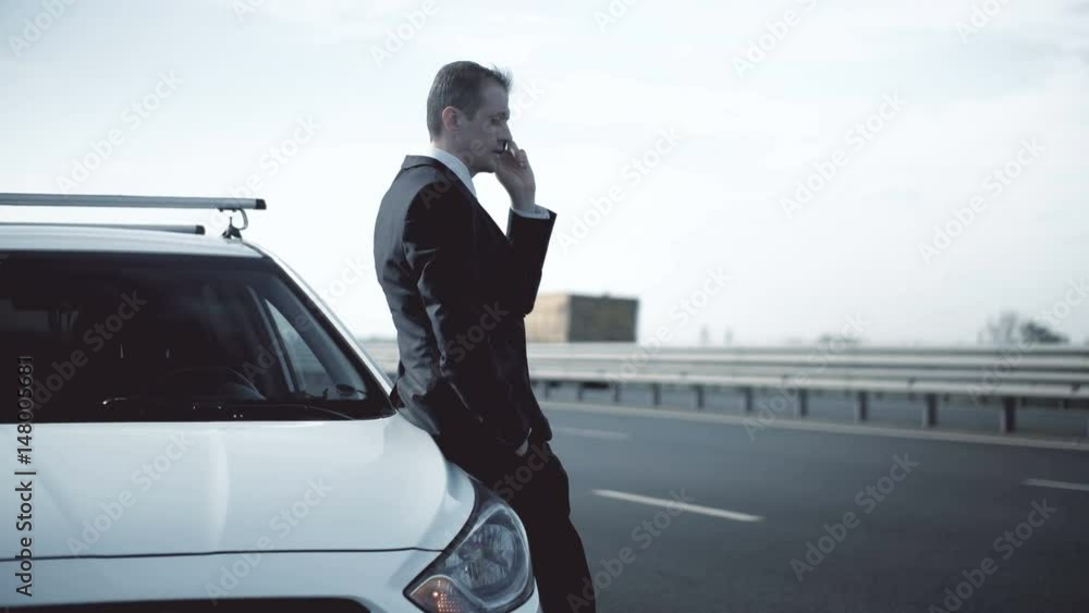 Businessman talking on the phone at the car