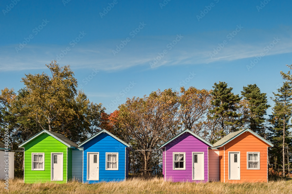 4 small colored houses (green, blue, purple and orange) 4 small colored houses (green, blue, purple and orange)