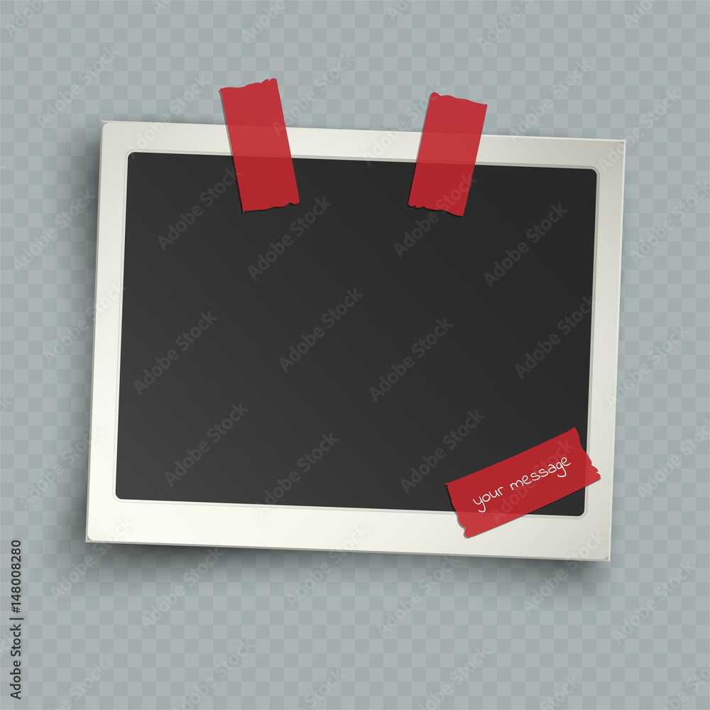 Retro realistic horizontal blank instant photo frame with shadow effects white plastic border on sticky tape pin isolated on transparent background. Template photo design, vector illustration Retro realistic horizontal blank instant photo frame with shadow effects white plastic border on sticky tape pin isolated on transparent background. Template photo design, vector illustration