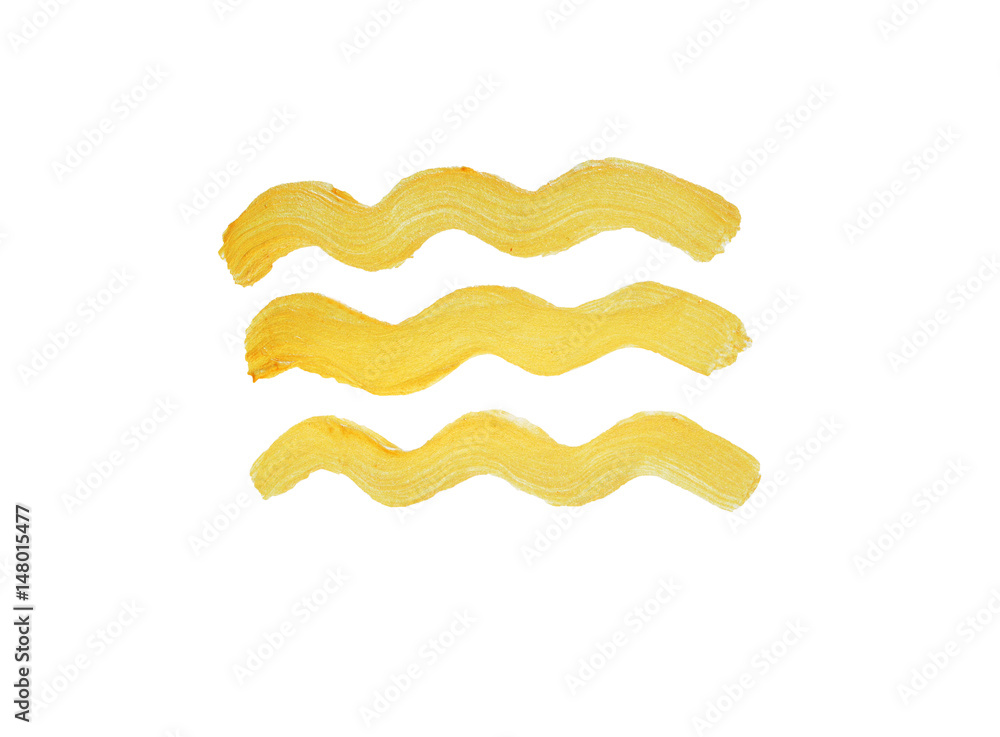Fototapeta premium Gold wavy lines from decorative paint with sparkles. Golden brush stroke. Watercolor texture paint stain isolated on white. Abstract hand painted. Golden background.