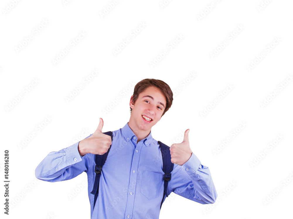 Happy teenager gesturing OK sign and smiling. Student in blue shirt, isolated on white background Happy teenager gesturing OK sign and smiling. Student in blue shirt, isolated on white background