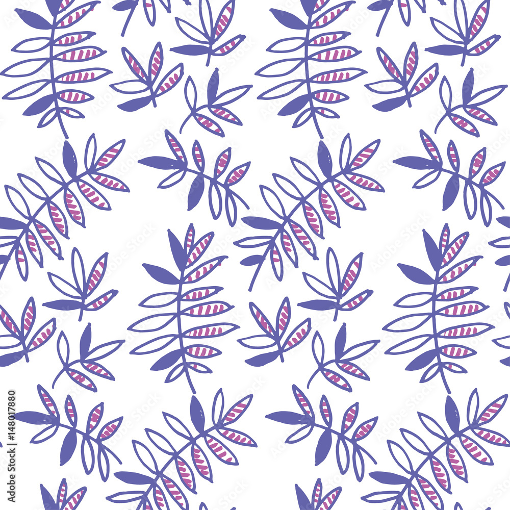 tender violet floral motif vector illustration. tropical leaves seamless pattern on white background. hand drawn naive style natural design