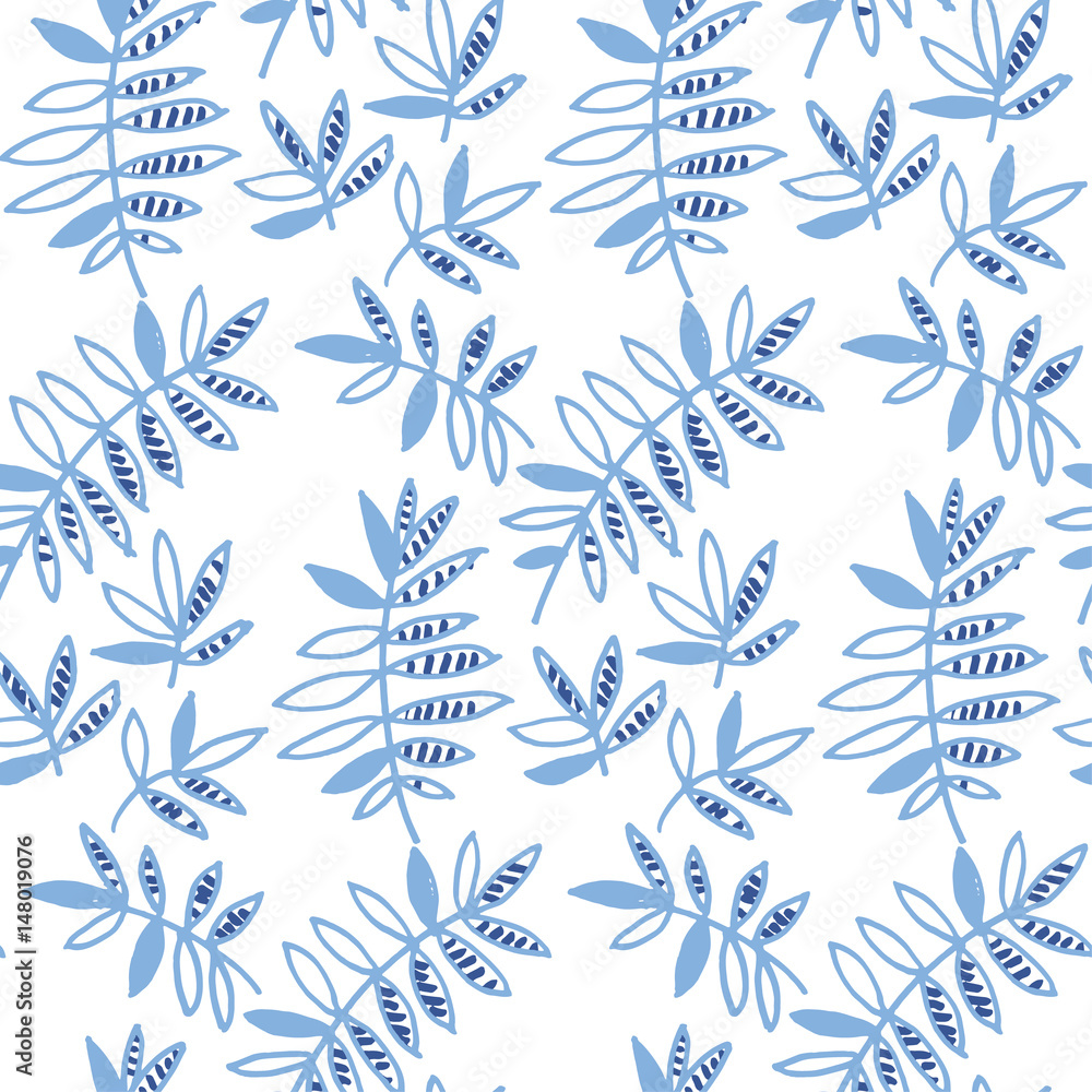 Fototapeta premium blue floral motif vector illustration. tropical leaves seamless pattern on white background. hand drawn naive style natural design