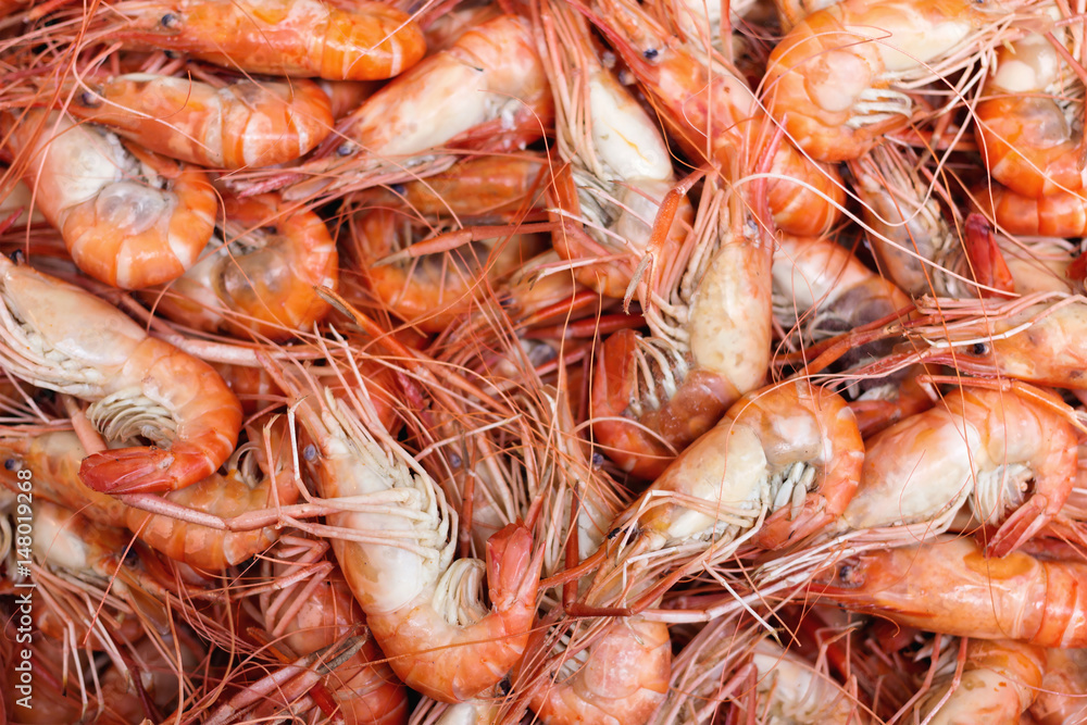 group of boiled giant freshwater prawn ready to eat at the fish market. selective focus. group of boiled giant freshwater prawn ready to eat at the fish market. selective focus.
