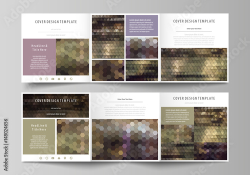 Business templates for tri fold square design brochures. Leaflet cover, vector layout. Abstract multicolored backgrounds. Geometrical patterns. Triangular and hexagonal style.