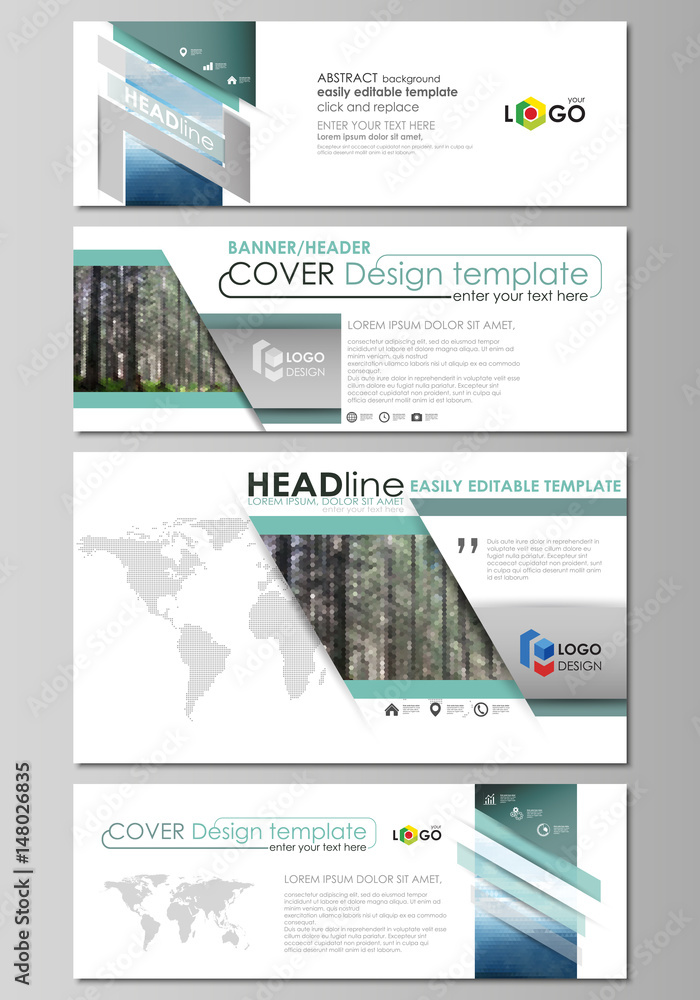 Social media and email headers set, modern banners. Abstract design template, vector layouts in popular sizes. Colorful background for travel business, natural landscape in polygonal style.