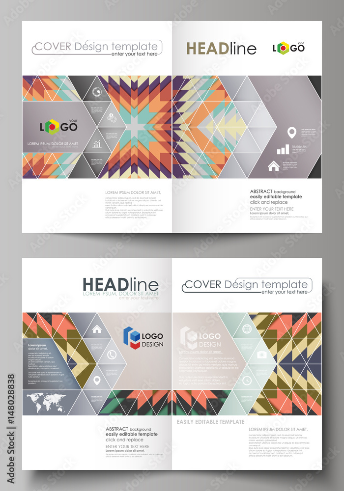Business templates for bi fold brochure, flyer, booklet, report. Cover design template, abstract vector layout in A4 size. Tribal pattern, geometrical ornament in ethno syle, ethnic hipster background