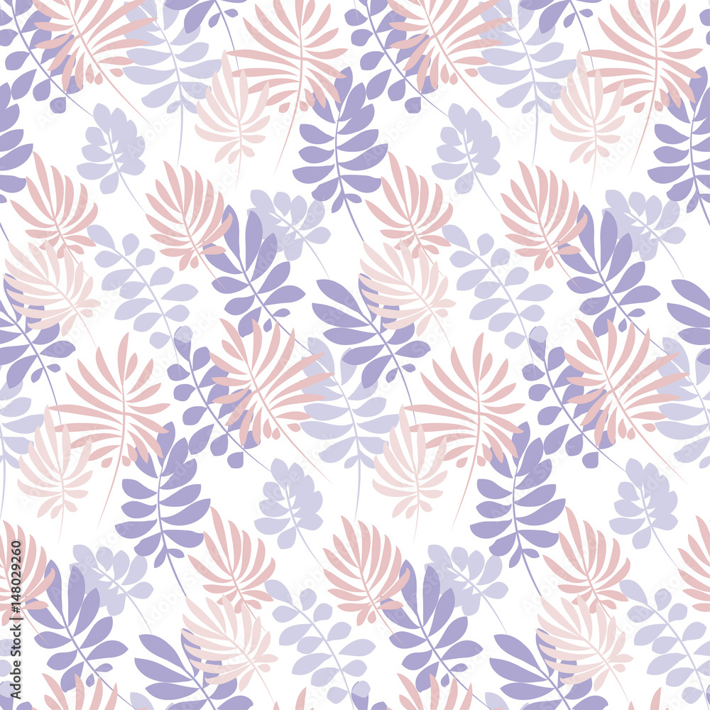 Tropical tender image on white background for bed linen. Seamless floral pattern with exotic leaves for wrapping paper, fabric, cloth. Vector illustration Tropical tender image on white background for bed linen. Seamless floral pattern with exotic leaves for wrapping paper, fabric, cloth. Vector illustration